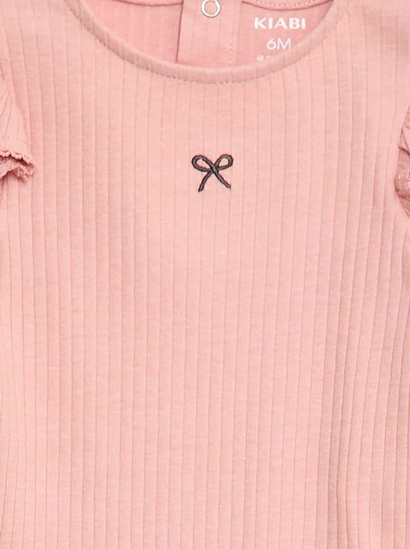 Geribbeld rompertje met lange mouwen met volants aan de schouders Rose - Kiabi