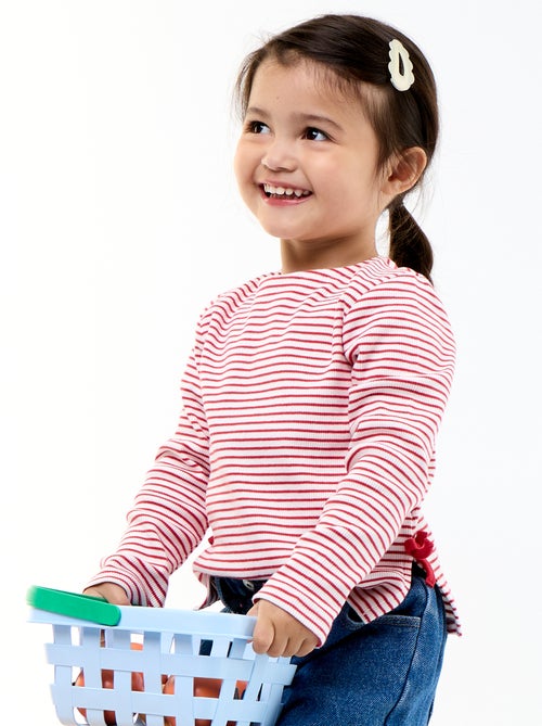 Geribbeld T-shirt met lange mouwen en strik - Kiabi