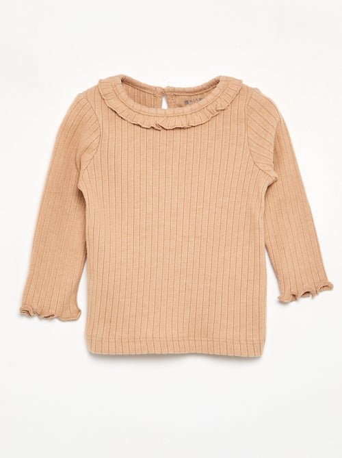 Geribbeld T-shirt met ruches aan de mouwen en kraag - Kiabi
