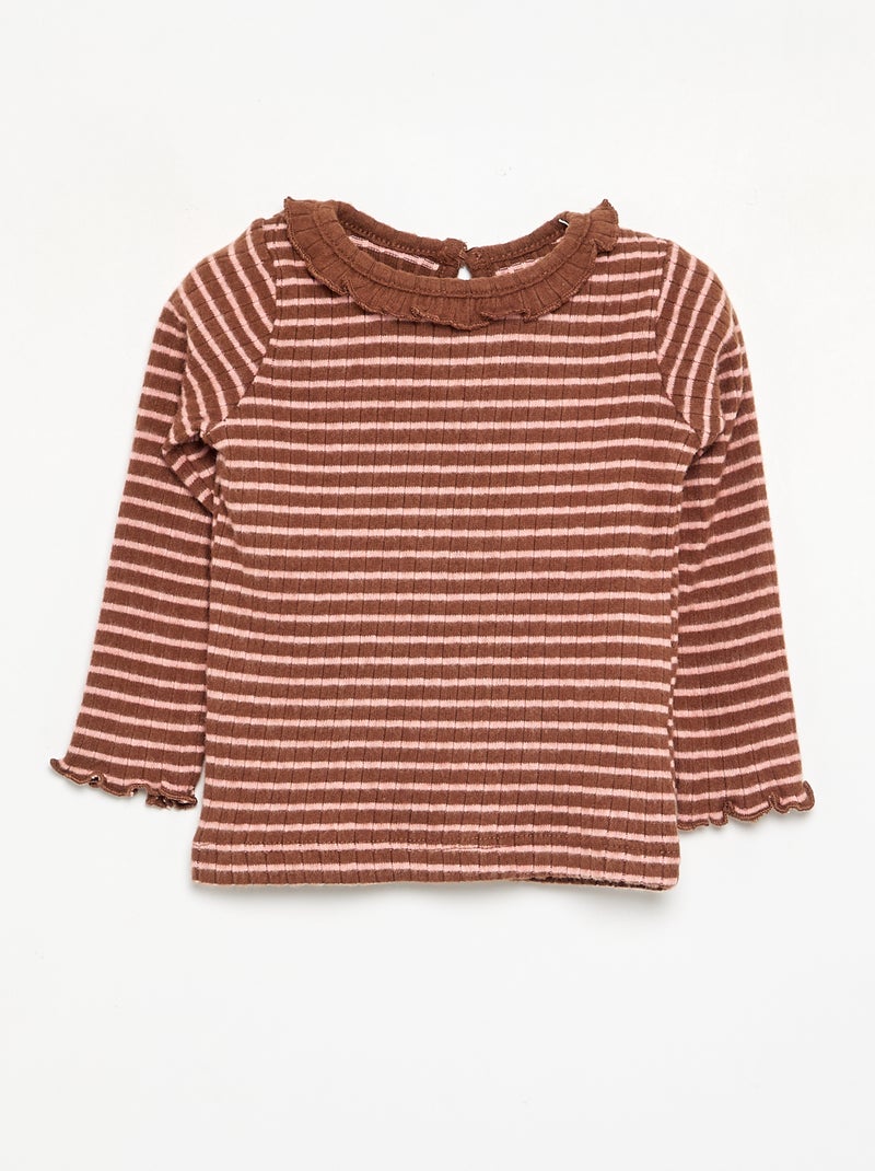 Geribbeld T-shirt met ruches aan de mouwen en kraag Bruin - Kiabi