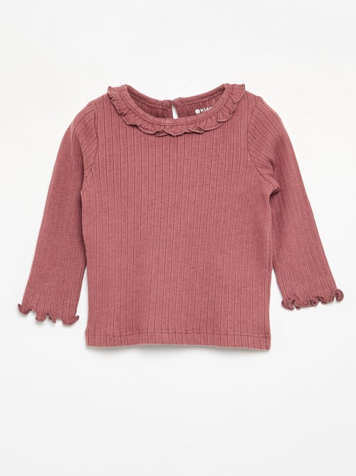 Geribbeld T-shirt met ruches aan de mouwen en kraag - Kiabi