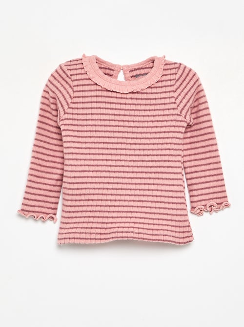 Geribbeld T-shirt met ruches aan de mouwen en kraag - Kiabi