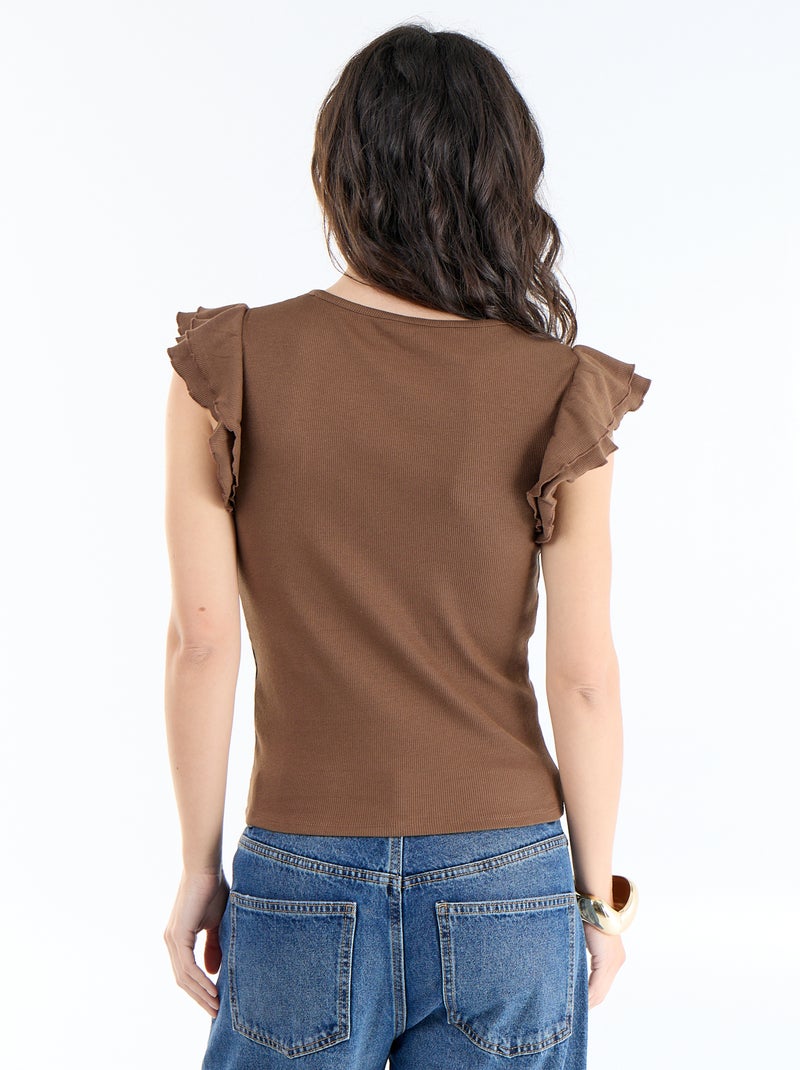 Geribbeld T-shirt met volantmouwen Bruin - Kiabi