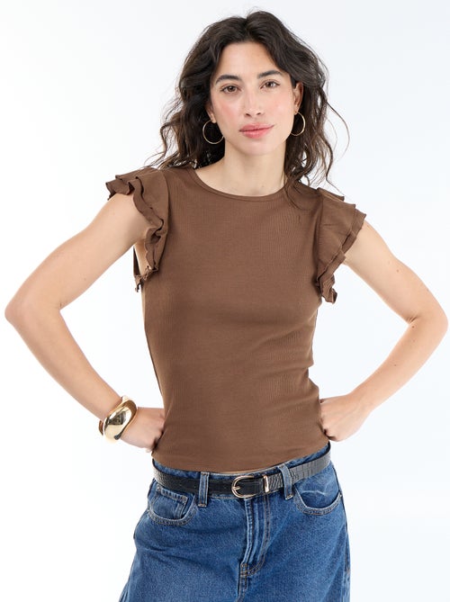 Geribbeld T-shirt met volantmouwen - Kiabi