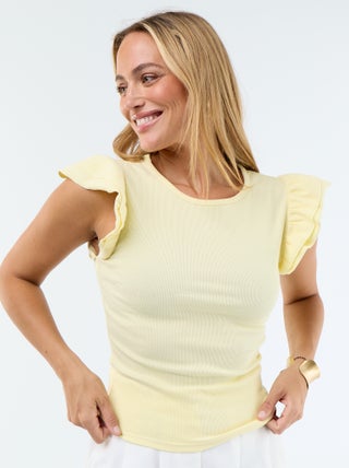 Geribbeld T-shirt met volantmouwen