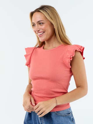 Geribbeld T-shirt met volantmouwen