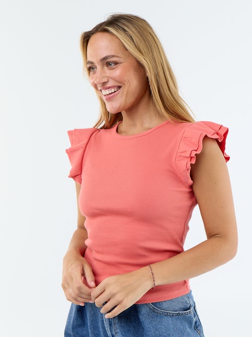 Geribbeld T-shirt met volantmouwen - Kiabi