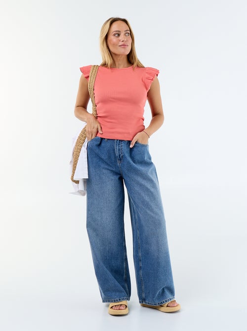 Geribbeld T-shirt met volantmouwen - Kiabi