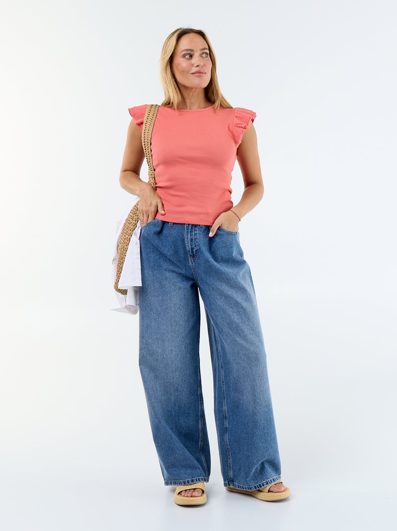 Geribbeld T-shirt met volantmouwen Oranje - Kiabi