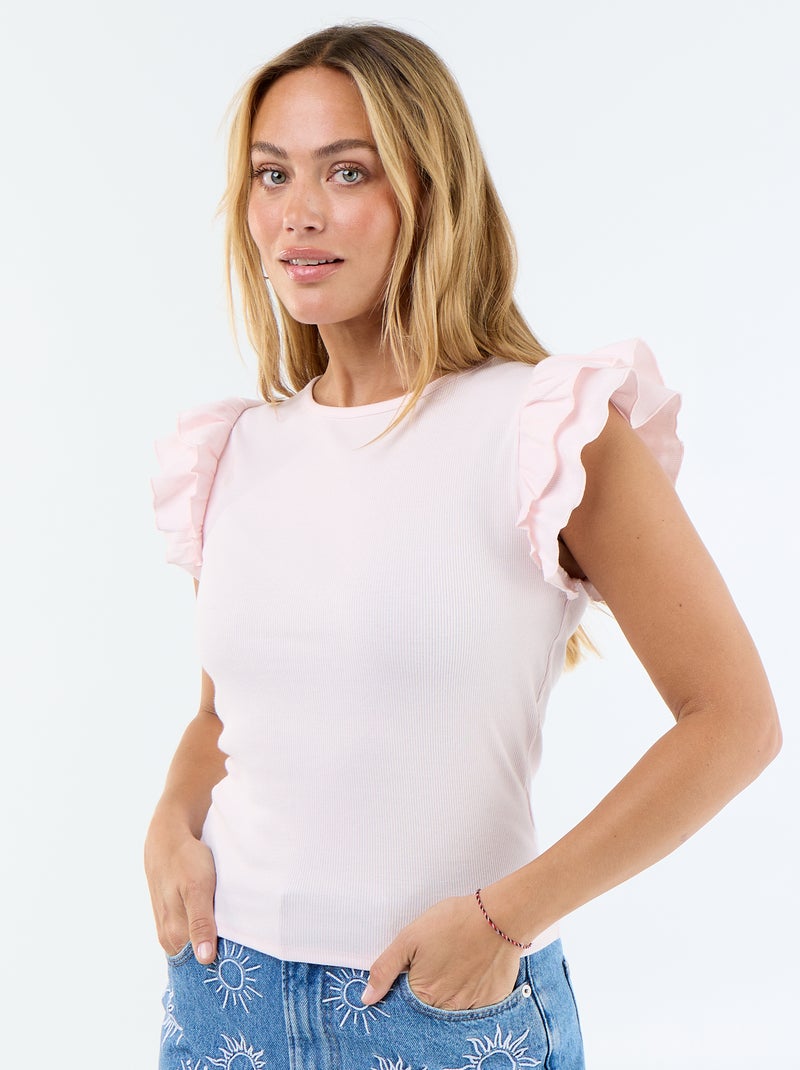 Geribbeld T-shirt met volantmouwen Rose - Kiabi