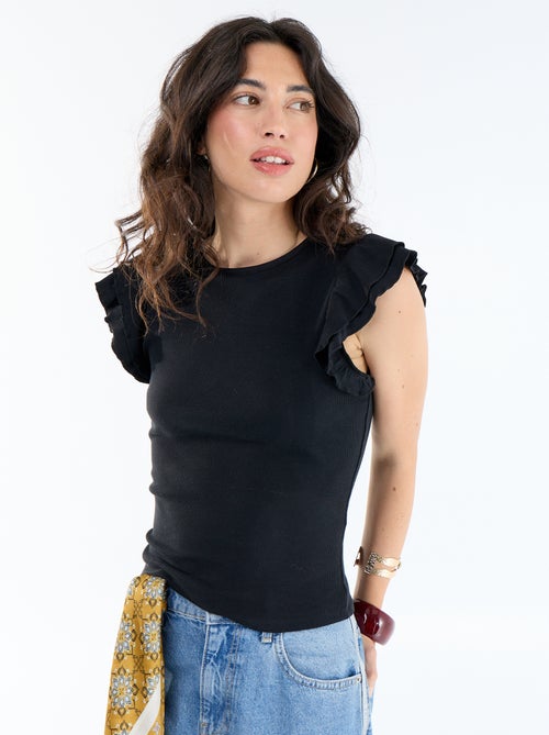 Geribbeld T-shirt met volantmouwen - Kiabi