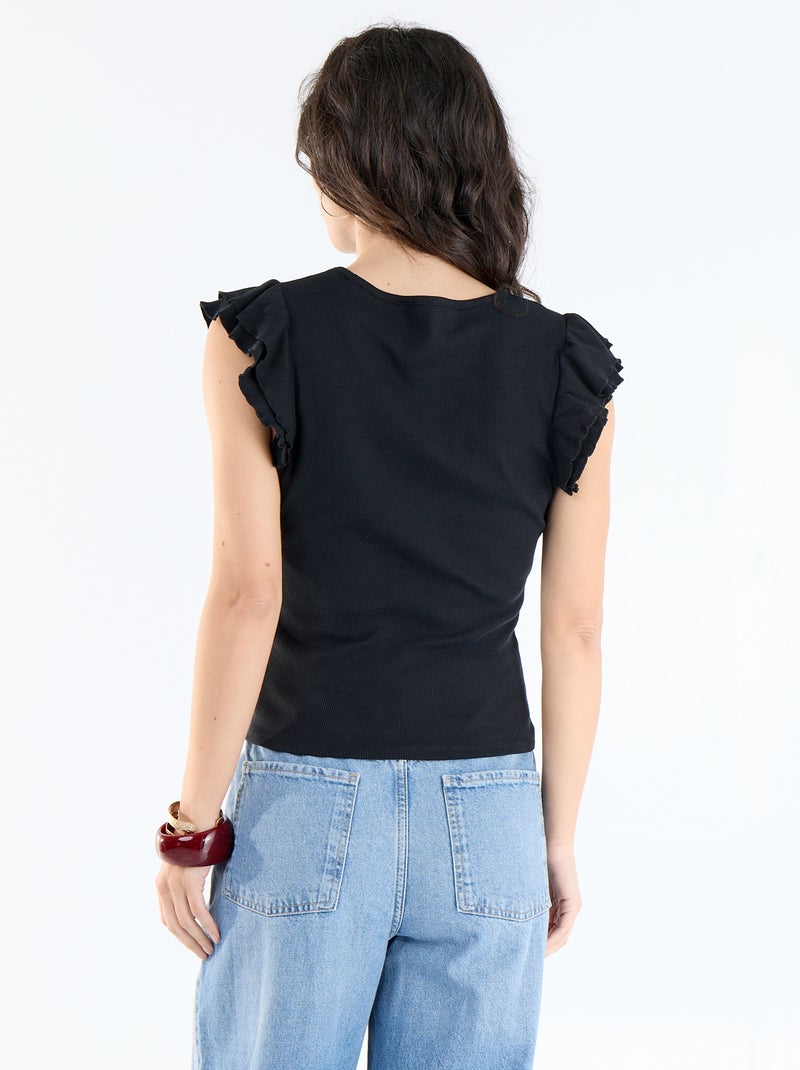 Geribbeld T-shirt met volantmouwen Zwart - Kiabi