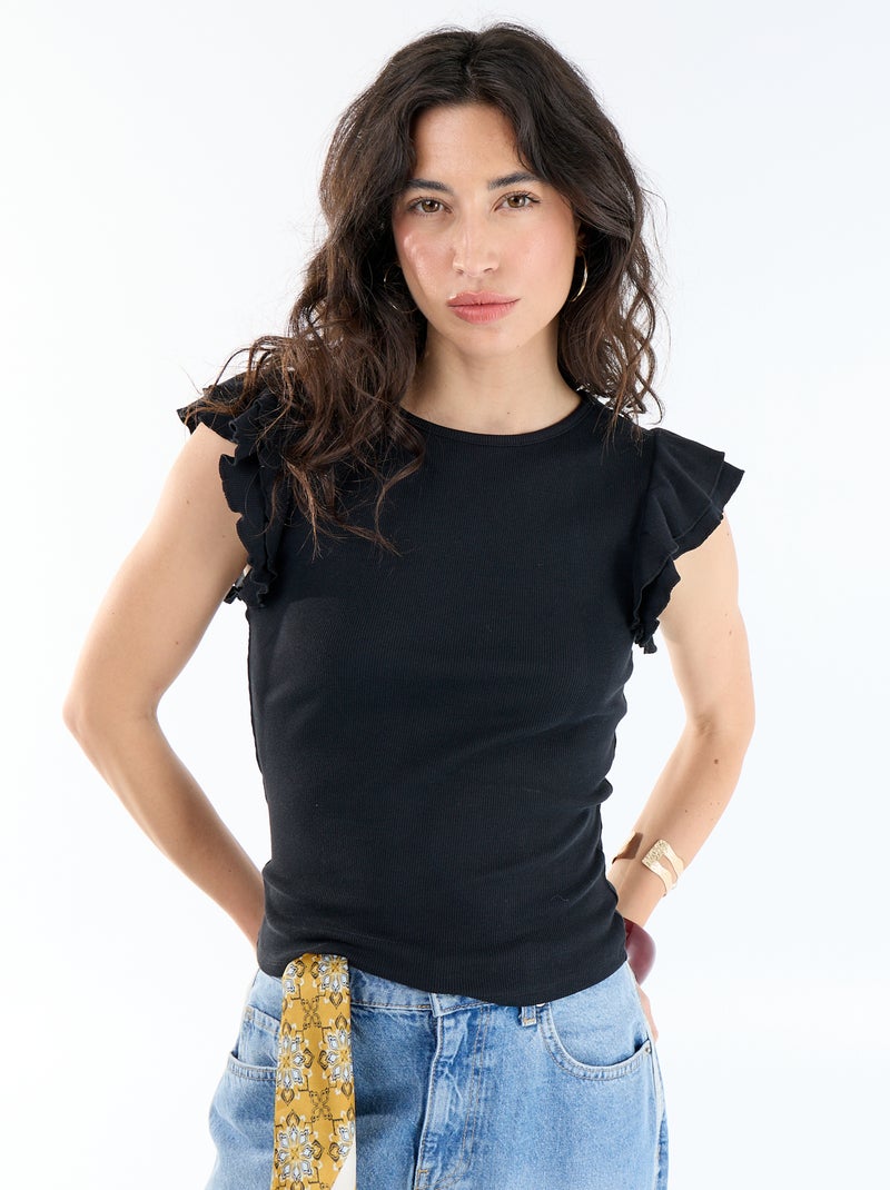 Geribbeld T-shirt met volantmouwen Zwart - Kiabi