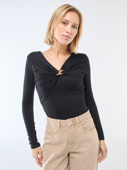 Geribbelde T-shirt met goudkleurige sieraden vooraan - Kiabi