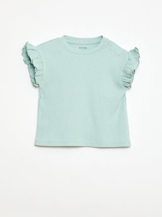 Geribbelde T-shirt met korte, geplooide mouwen