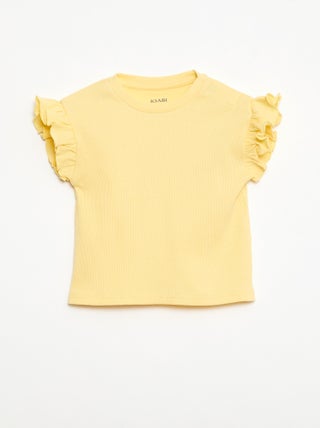 Geribbelde T-shirt met korte, geplooide mouwen