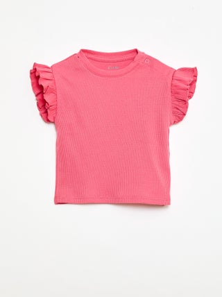 Geribbelde T-shirt met korte, geplooide mouwen