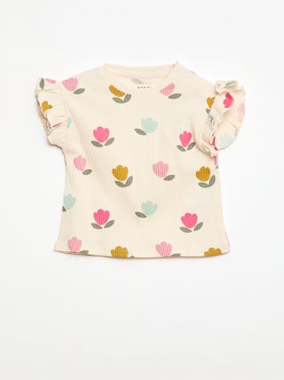 Geribbelde T-shirt met korte, geplooide mouwen