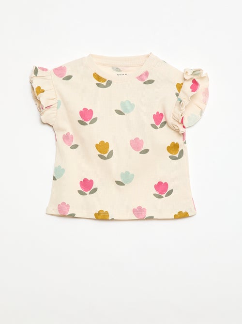 Geribbelde T-shirt met korte, geplooide mouwen - Kiabi