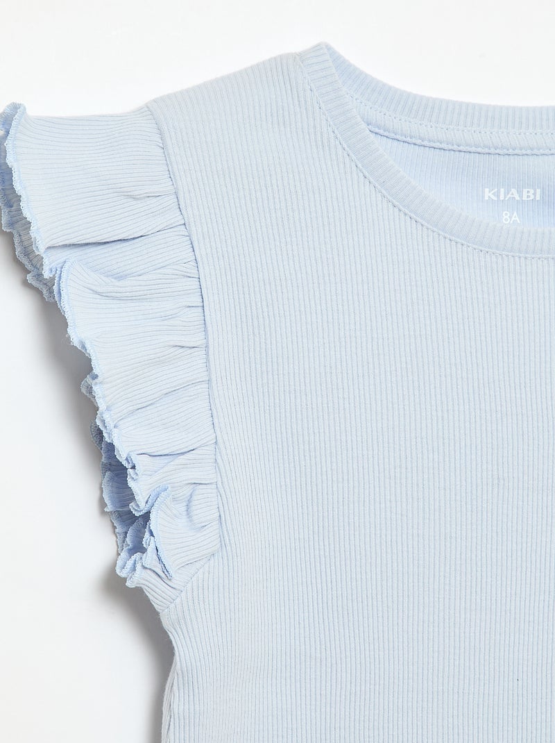 Geribbelde T-shirt met volanmouwen Blauw - Kiabi