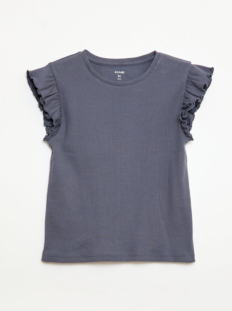 Geribbelde T-shirt met volanmouwen Grijs - Kiabi