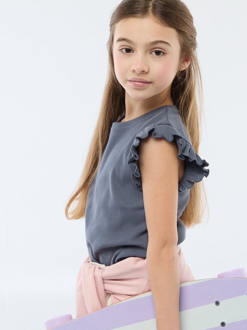 Geribbelde T-shirt met volanmouwen Grijs - Kiabi
