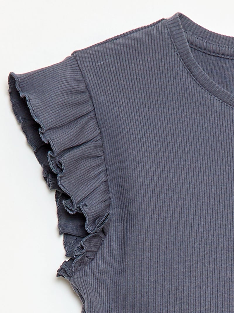 Geribbelde T-shirt met volanmouwen Grijs - Kiabi
