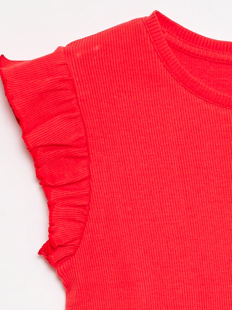 Geribbelde T-shirt met volanmouwen Rood - Kiabi