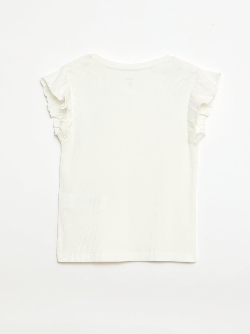 Geribbelde T-shirt met volanmouwen Wit - Kiabi
