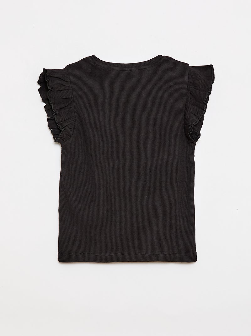 Geribbelde T-shirt met volanmouwen Zwart - Kiabi