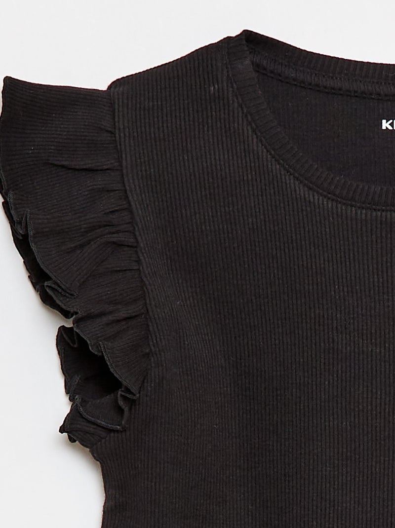 Geribbelde T-shirt met volanmouwen Zwart - Kiabi