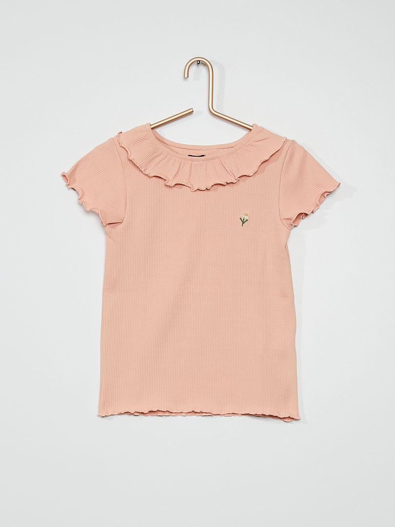 Geribd T-shirt met bloemenprint roze - Kiabi