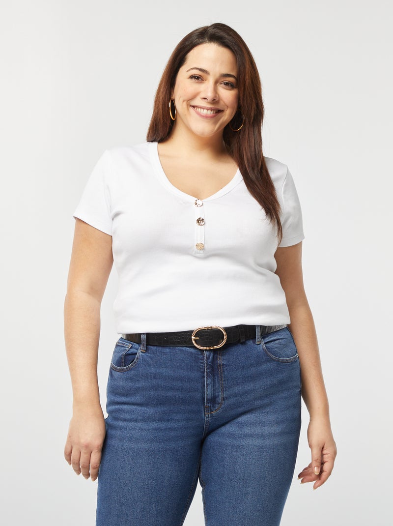 Geribd T-shirt met geknoopte hals wit - Kiabi