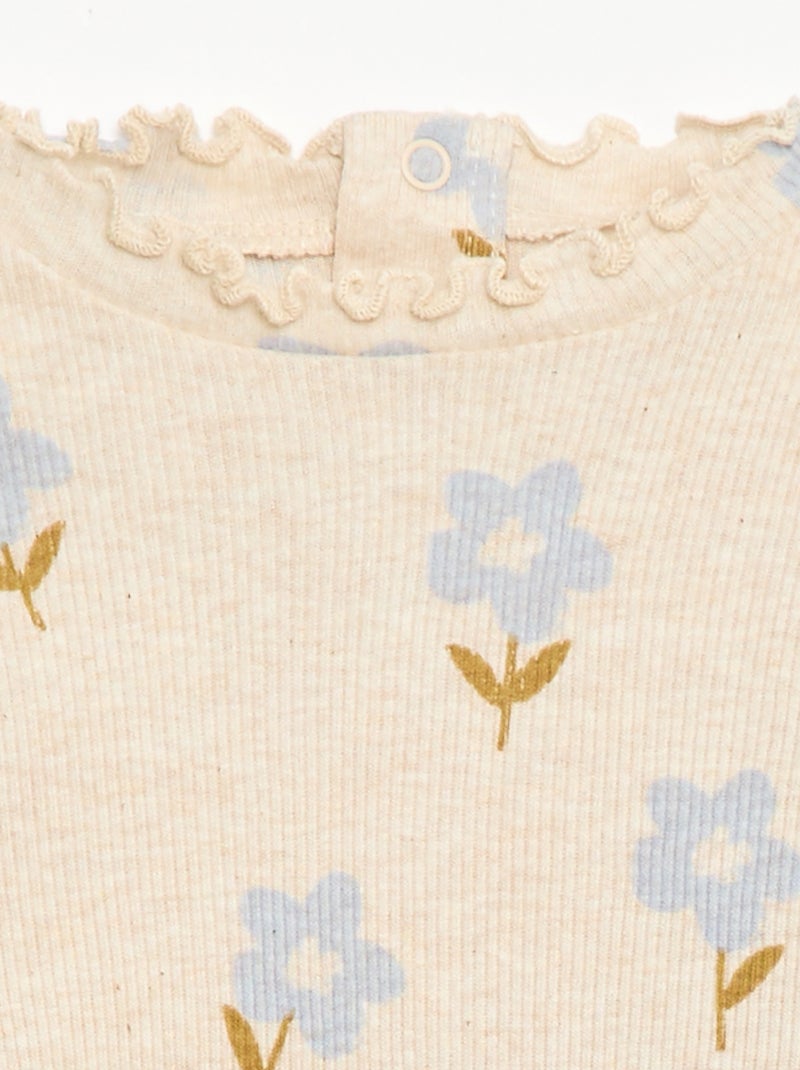 Geribd T-shirt met golvend kraagje Biege - Kiabi