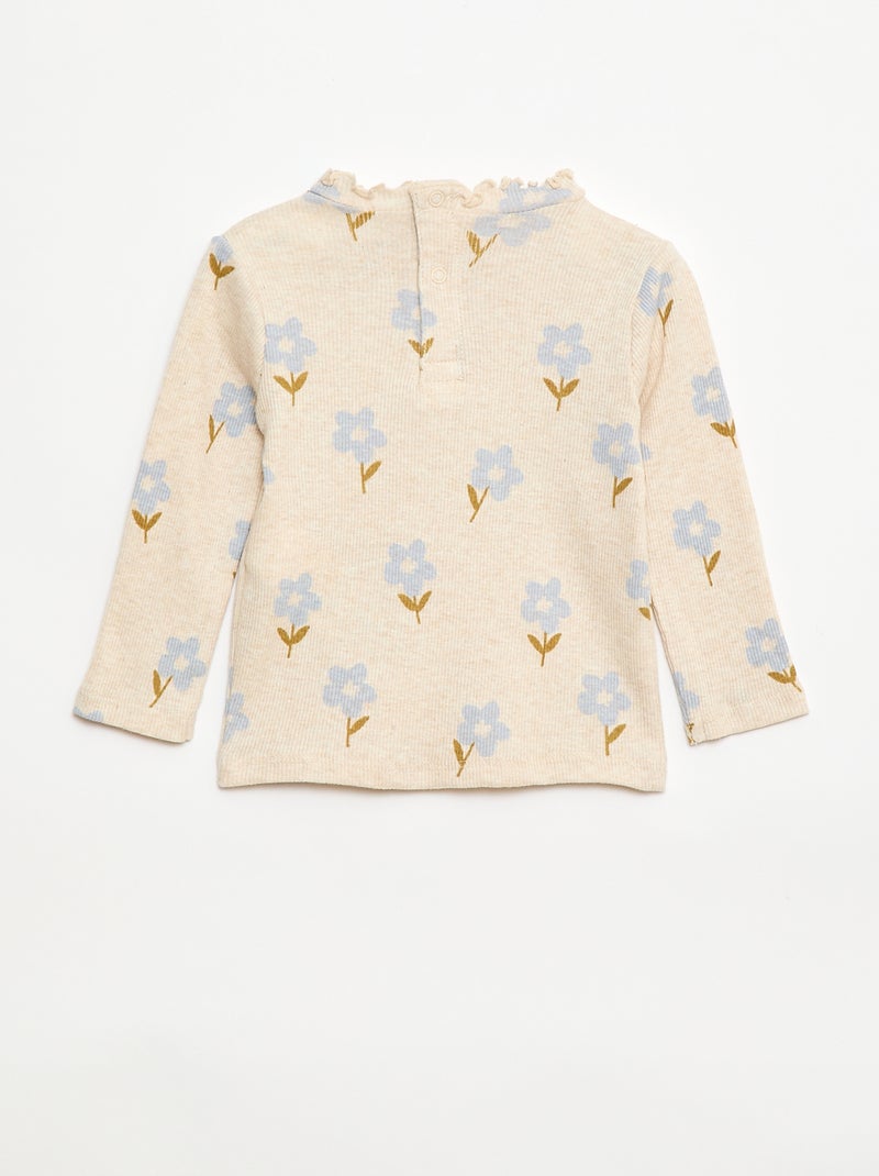 Geribd T-shirt met golvend kraagje Biege - Kiabi