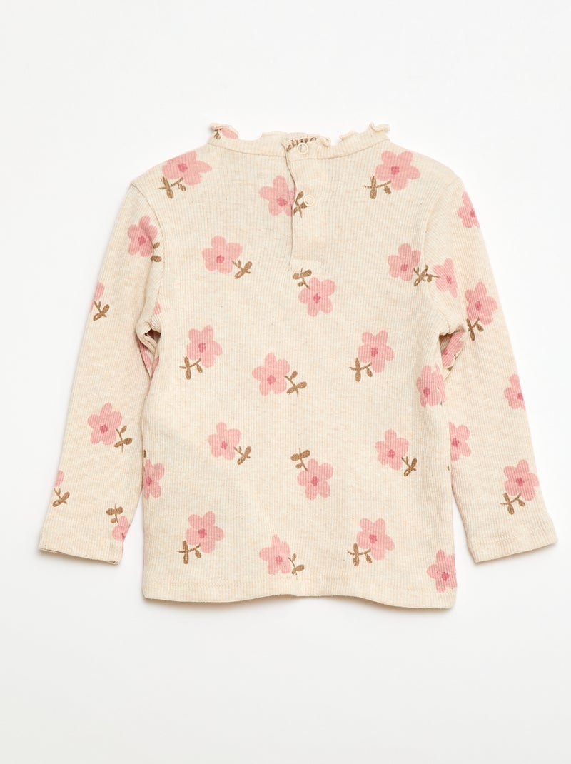 Geribd T-shirt met golvend kraagje Biege - Kiabi