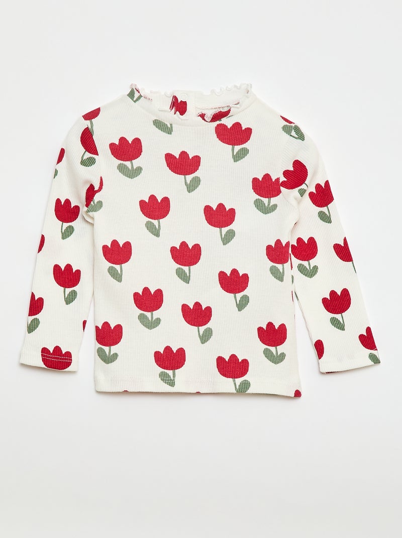 Geribd T-shirt met golvend kraagje Wit - Kiabi