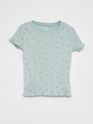 Geribd T-shirt met golvende boordjes en motiefjes