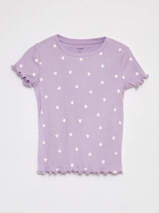Geribd T-shirt met golvende boordjes en motiefjes
