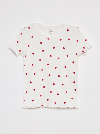 Geribd T-shirt met golvende boordjes en motiefjes