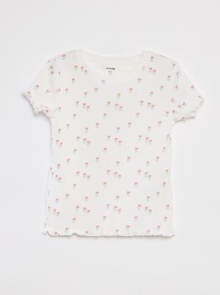Geribd T-shirt met golvende boordjes en motiefjes