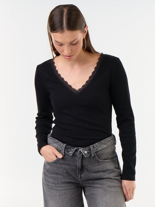Geribd T-shirt met kant aan de kraag - Kiabi