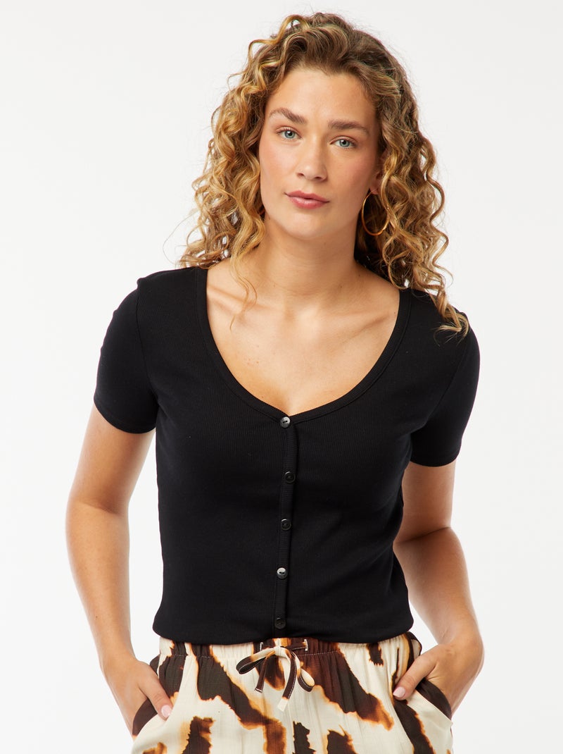 Geribd T-shirt met knoopsluiting zwart - Kiabi