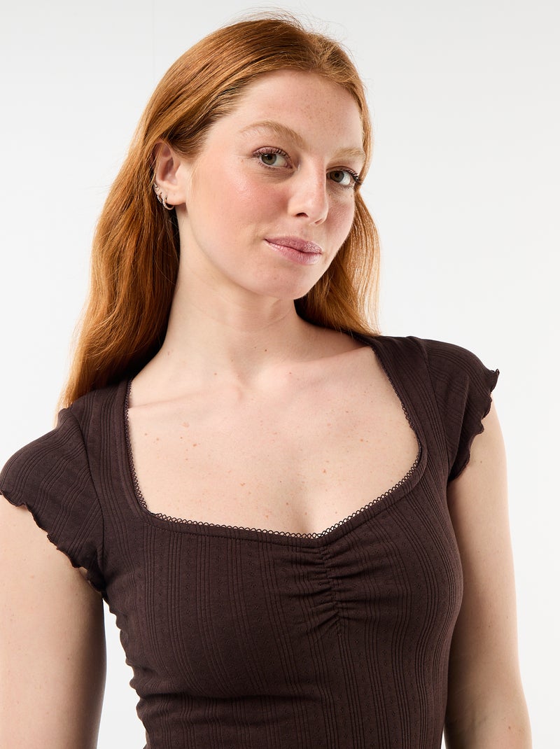 Geribd T-shirt met korte mouwen en volants Bruin - Kiabi
