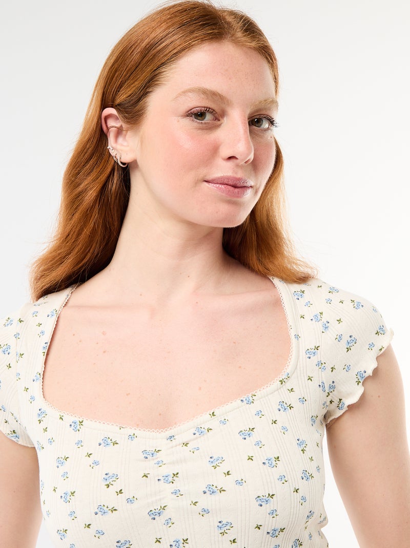Geribd T-shirt met korte mouwen en volants Wit - Kiabi