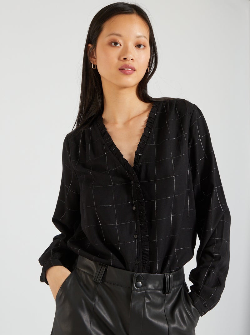 Geruite blouse met fantasiekraag ZWART - Kiabi