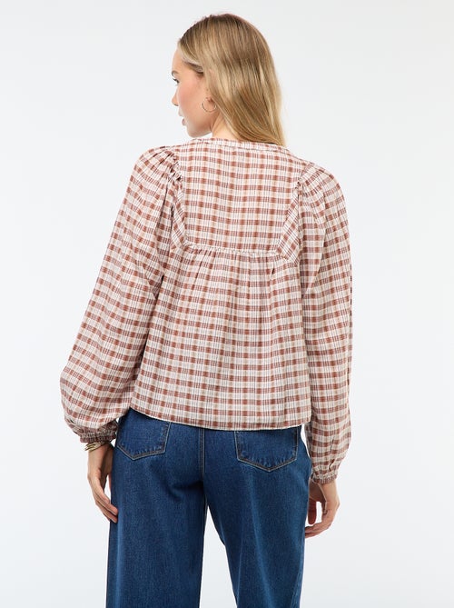 Geruite blouse met knoopsluiting aan de hals - Kiabi
