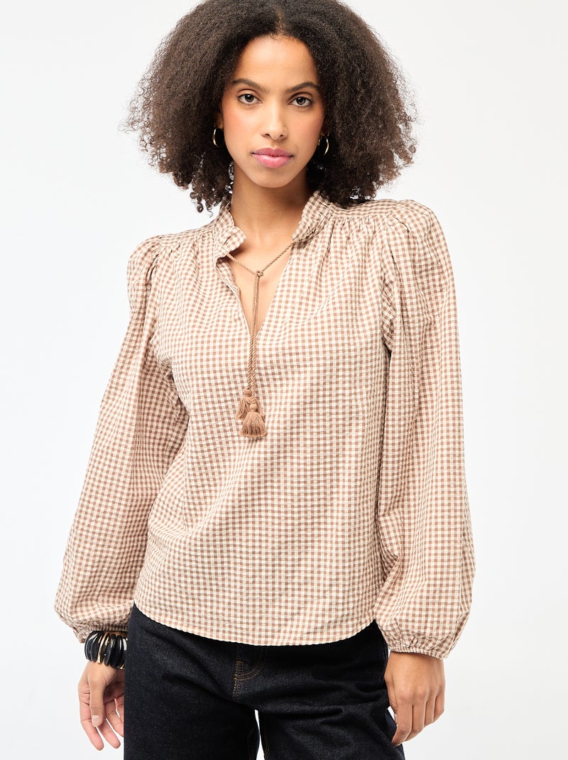 Geruite blouse met lange mouwen Biege - Kiabi