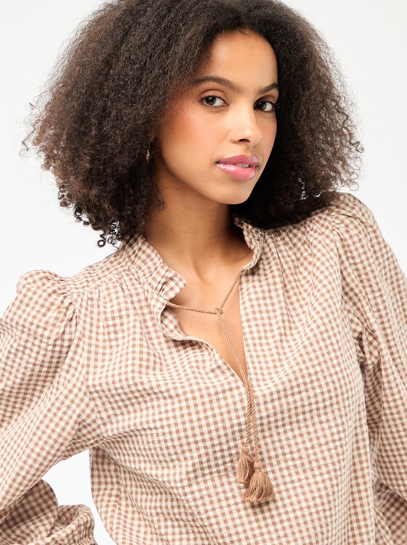 Geruite blouse met lange mouwen Biege - Kiabi