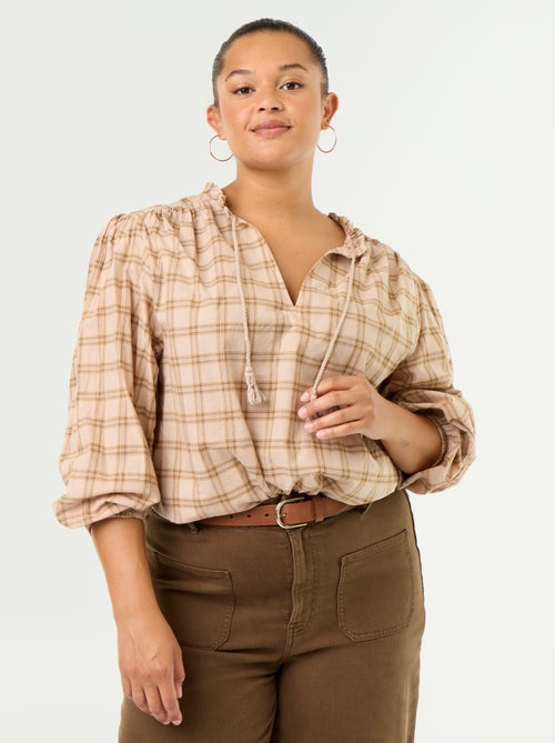 Geruite blouse met strikhals - Kiabi